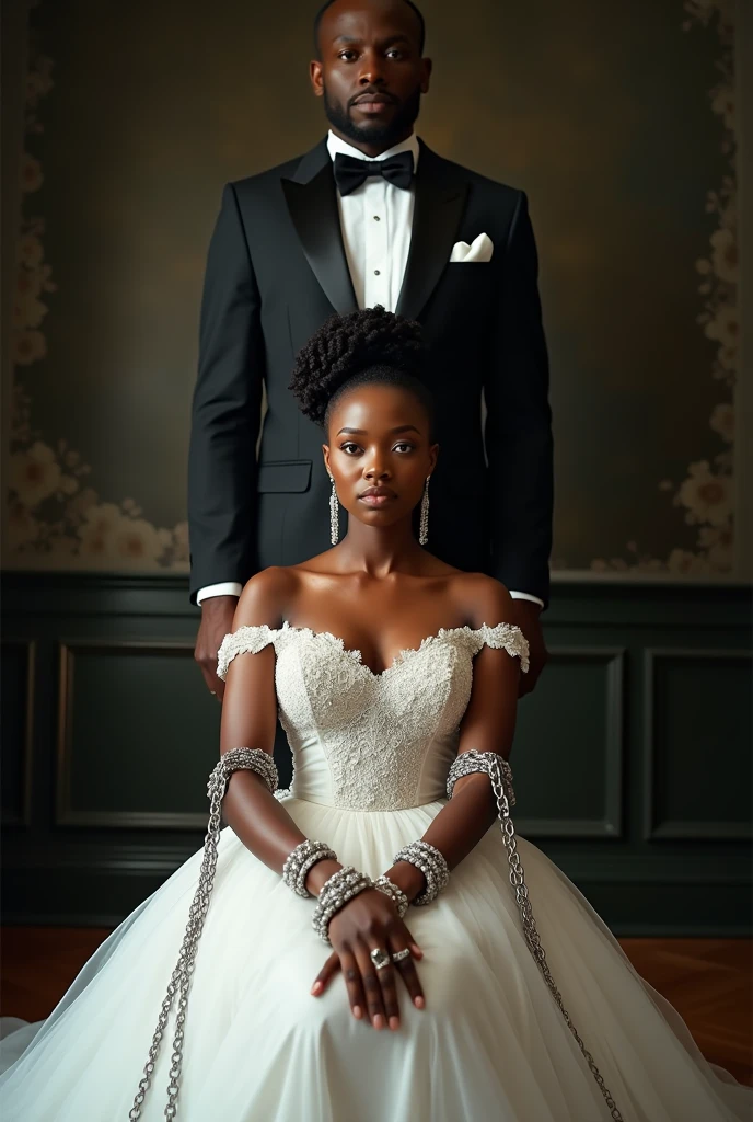 African bride, seated in a luxurious wedding dress, holding a bouquet with remarquable 
long chains, exclusively binding her wrists.She appears confident and stunning with a healthy and few plumping figure Behind her stands a tall, imposing African man in a suit jacket, his presence dominating. His gaze is fixed on her, exuding control and authority. The contrast between her delicate, seated form and the powerful figure behind her creates an intense atmosphere of tension, captivity, and restrained emotion, hyper realistic beautiful photography"