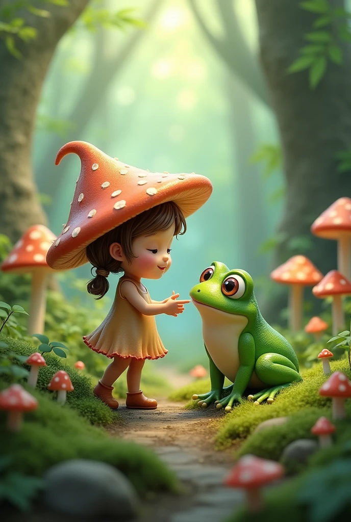 Cute mushroom girl interacting with a cute little frog