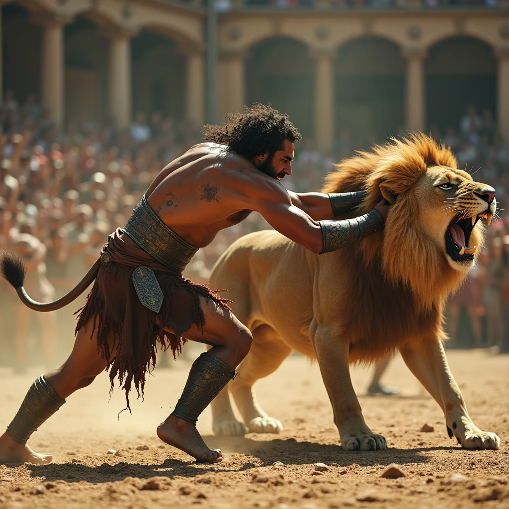 photorealistic, cinematic, a fierce gladiator in a grand, ancient arena, locked in a dramatic battle with two roaring lions. The gladiator's muscular physique is highlighted by the harsh sunlight, revealing scars and dirt from previous combats. He wears a intricate detailed, weathered leather armor with metallic accents, and a tattered, bloodstained skirt. His powerful stance shows him grappling with the lions, one arm thrust forward to fend off a lion's powerful jaws while the other grips the mane of another.The lions are depicted mid-roar, their sharp teeth and powerful muscles captured in intricate detail. Dust swirls around their feet, adding a sense of motion and intensity to the scene. The background features the towering walls of the arena, filled with a roaring crowd, their faces blurred but their excitement palpable. The overall atmosphere is one of raw power and survival, with a sharp focus on the intricate details of the gladiator's armor and the ferocity of the lions. cinematic depth of field, sharp focus, f/22, Arri Alexa 35, film grain, Cinematic film still, color-graded, post-processed aesthetic, cinematic quality of 35mm film, razor-sharp, 16k resolution, precise