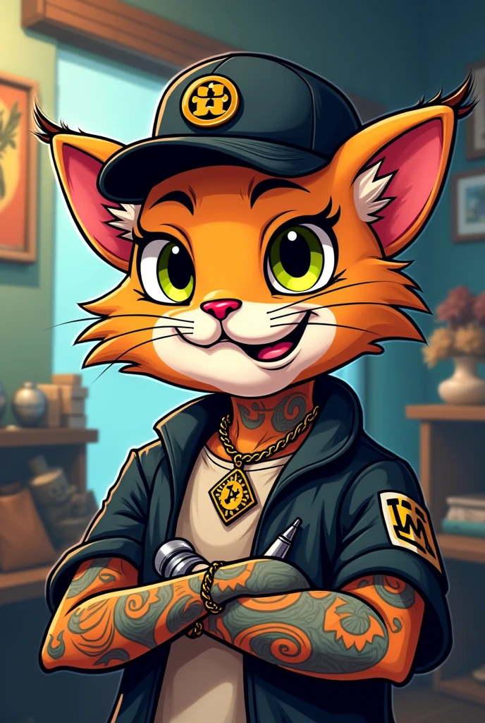 Cartoon cat tattoo artist with cap and chain on neck rapper