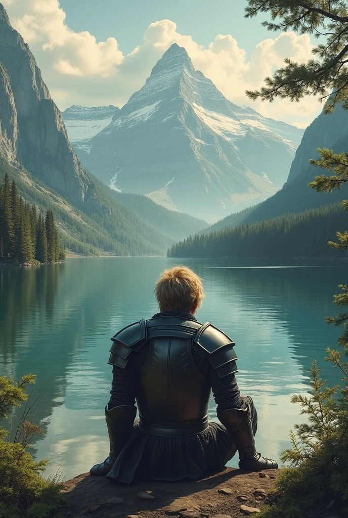 vintage, knight sitting in front of a lake seen from the back, knight has blond brown short hair which is disheveled and tousled, has black armor, mountain background, woods, some clouds