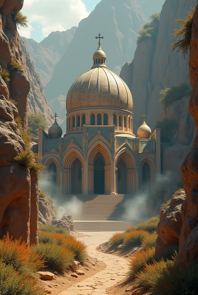 there is a large Ethiopian Orthodox Church building with hemispherical Dom that is built into the side of a mountain, intricate matte painting, matte painting of human mind, digital matte painting, ancient yet futuristic, elaborate matte painting, hyperdetailed 3d matte painting, hyperdetailed 3 d matte painting, extravagant matte painting, epic matte painting, epic cinematic matte painting, matte painting concept art, giant tomb structures, a Large number of prayer,tall vegetation, smoke , green yellow and red fabric hanging 