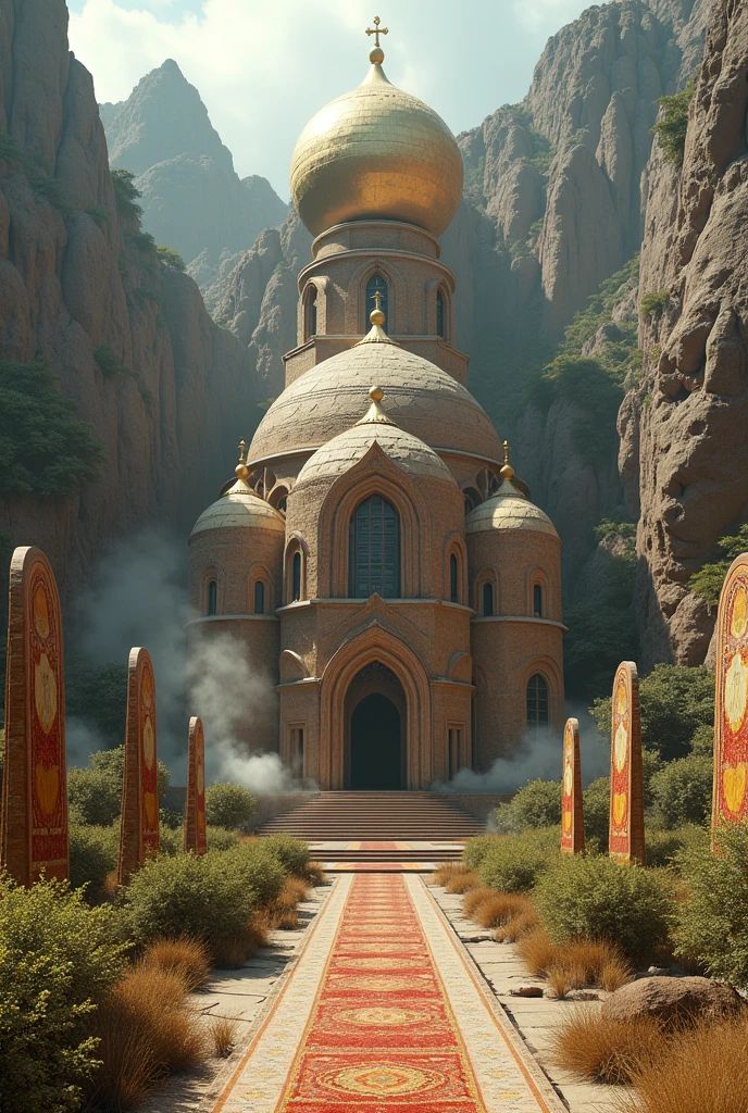 there is a large Ethiopian Orthodox Church building with hemispherical Dom that is built into the side of a mountain, intricate matte painting, matte painting of human mind, digital matte painting, ancient yet futuristic, elaborate matte painting, hyperdetailed 3d matte painting, hyperdetailed 3 d matte painting, extravagant matte painting, epic matte painting, epic cinematic matte painting, matte painting concept art, giant tomb structures, a Large number of prayer,tall vegetation, smoke , green yellow and red fabric hanging 