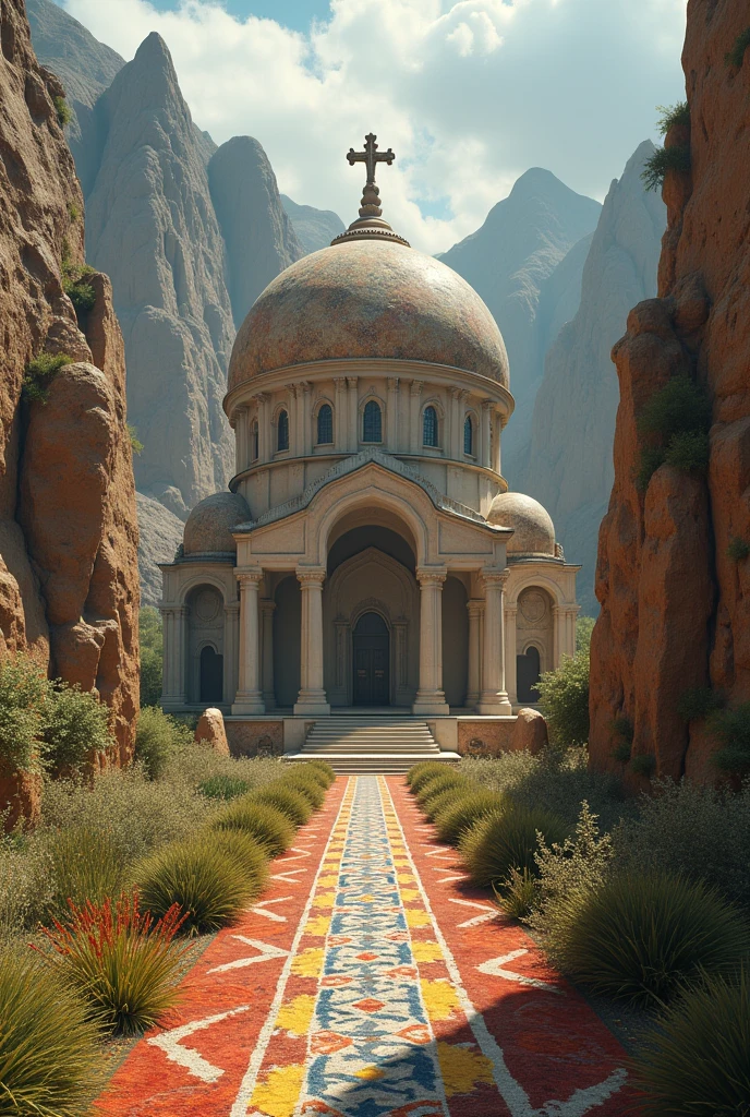 there is a large Ethiopian Orthodox Church building with hemispherical Dom that is built into the side of a mountain, intricate matte painting, matte painting of human mind, digital matte painting, ancient yet futuristic, elaborate matte painting, hyperdetailed 3d matte painting, hyperdetailed 3 d matte painting, extravagant matte painting, epic matte painting, epic cinematic matte painting, matte painting concept art, giant tomb structures, a Large number of prayer,tall vegetation, smoke , green yellow and red fabric hanging