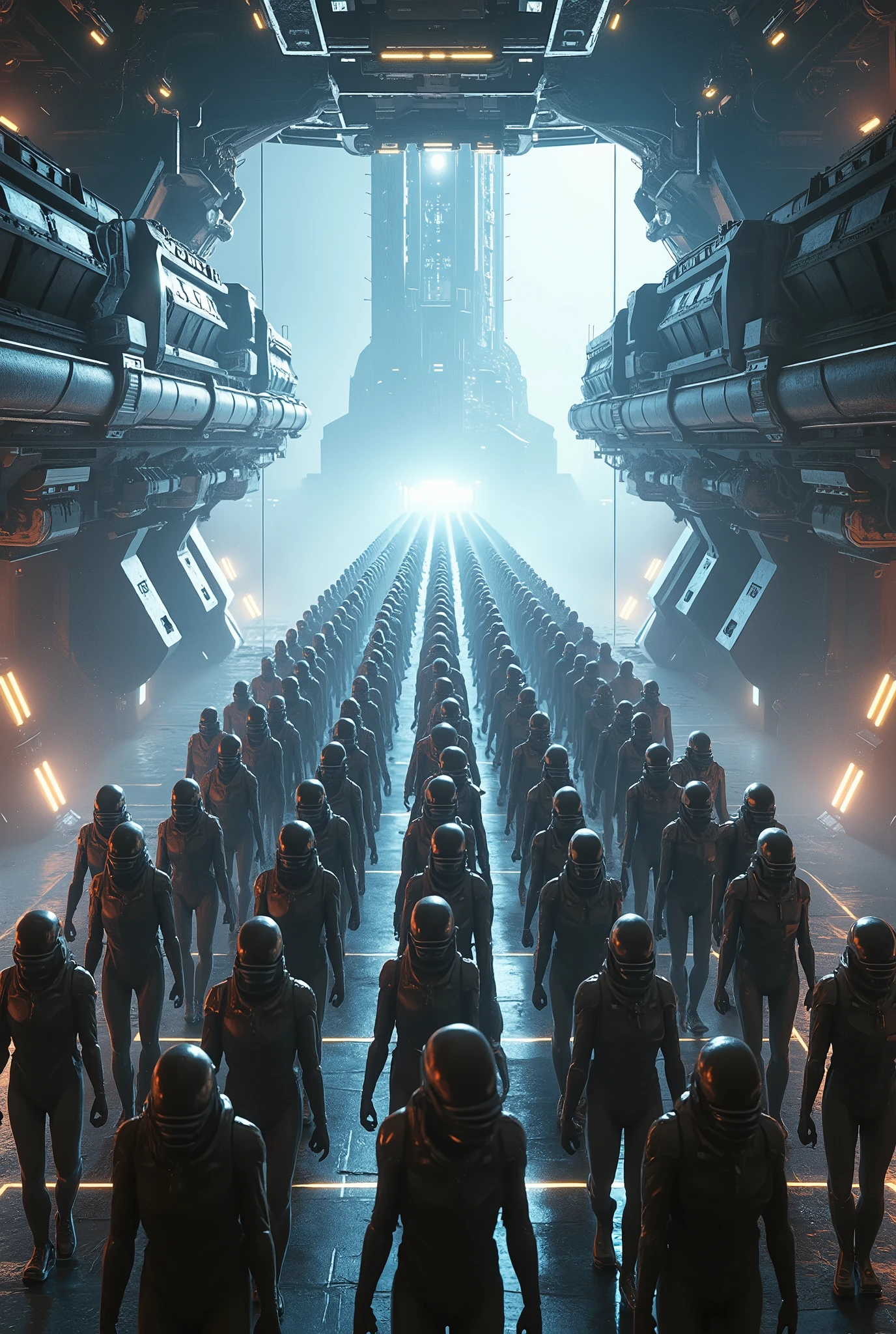 bright space soldier exiting a ship by the thousands