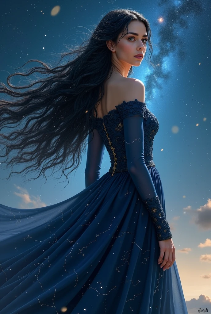 Valar Varda with the appearance of a young elf, with black hair with constellations and a long dark blue dress with constellations 