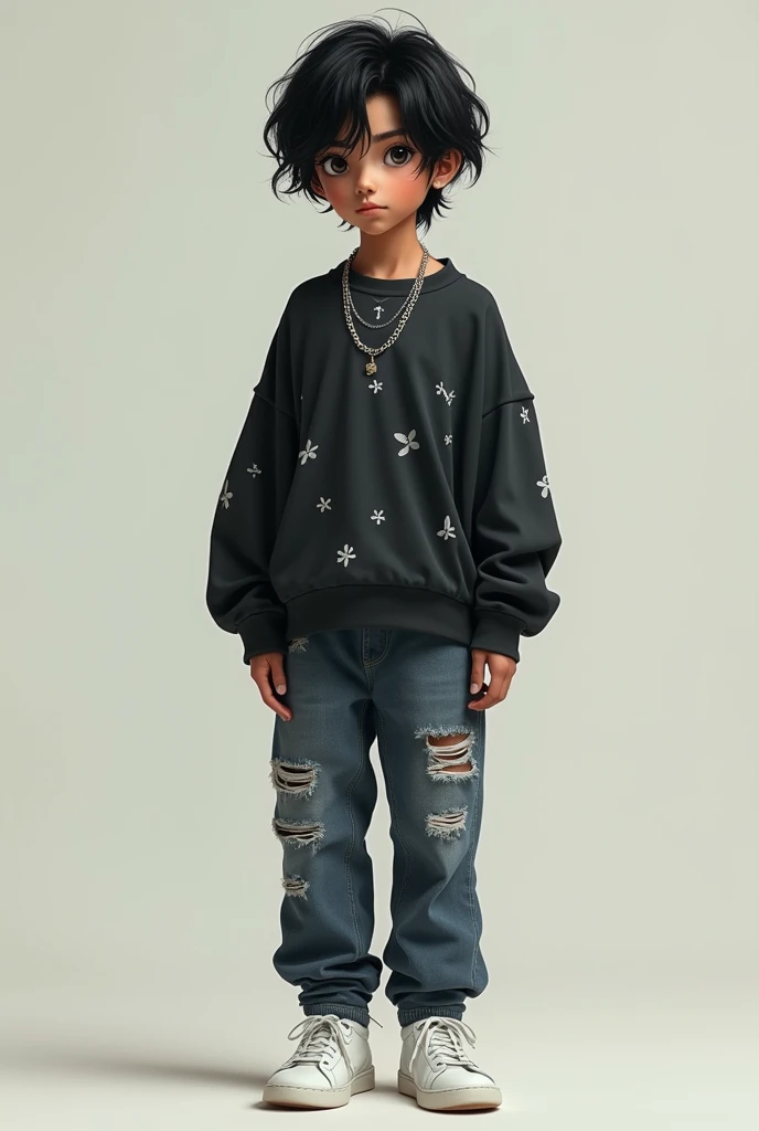 Give me a 1 light skinned boy,high,delgado,with jet black hair,falls in locks over his forehead,dark gray eyes,Her clothes are aesthetic style,He wears an oversized shirt in dark tones,with minimalist prints,distressed jeans,subtle chains as accessories and white sneakers,Her hair is styled in a relaxed manner,with a natural look