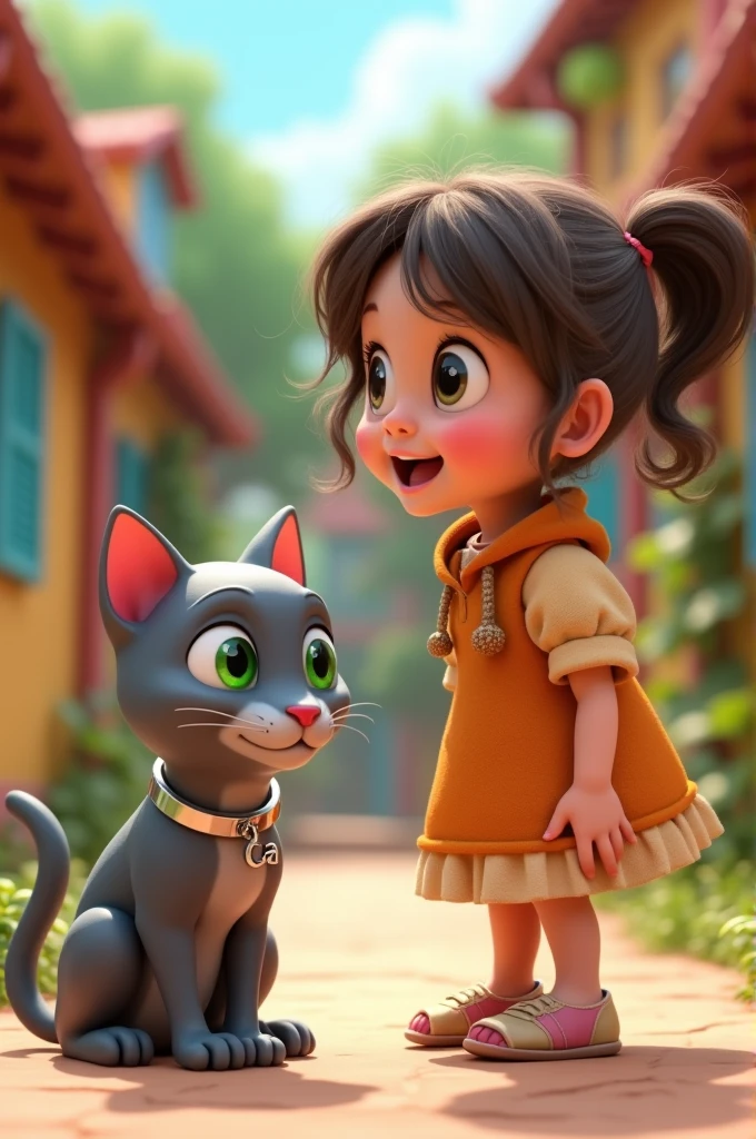 Cartoon 3d style 7ars old girlShow Laila turning around, surprised to see a sleek gray cat with bright green eyes and a shiny silver collar labeled “CA.” CA looks clever and friendly, sitting calmly near Laila. Laila’s expression is one of surprise and exciteme