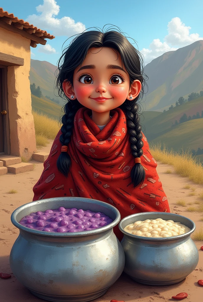 Image with designs of children&#39;s drawings of a country woman from the Peruvian mountains, with two braids, A traditional blanket is draped over her shoulders. In front of her are two pots filled with purple porridge and the other with Peruvian rice pudding., The pots are those large aluminum ones