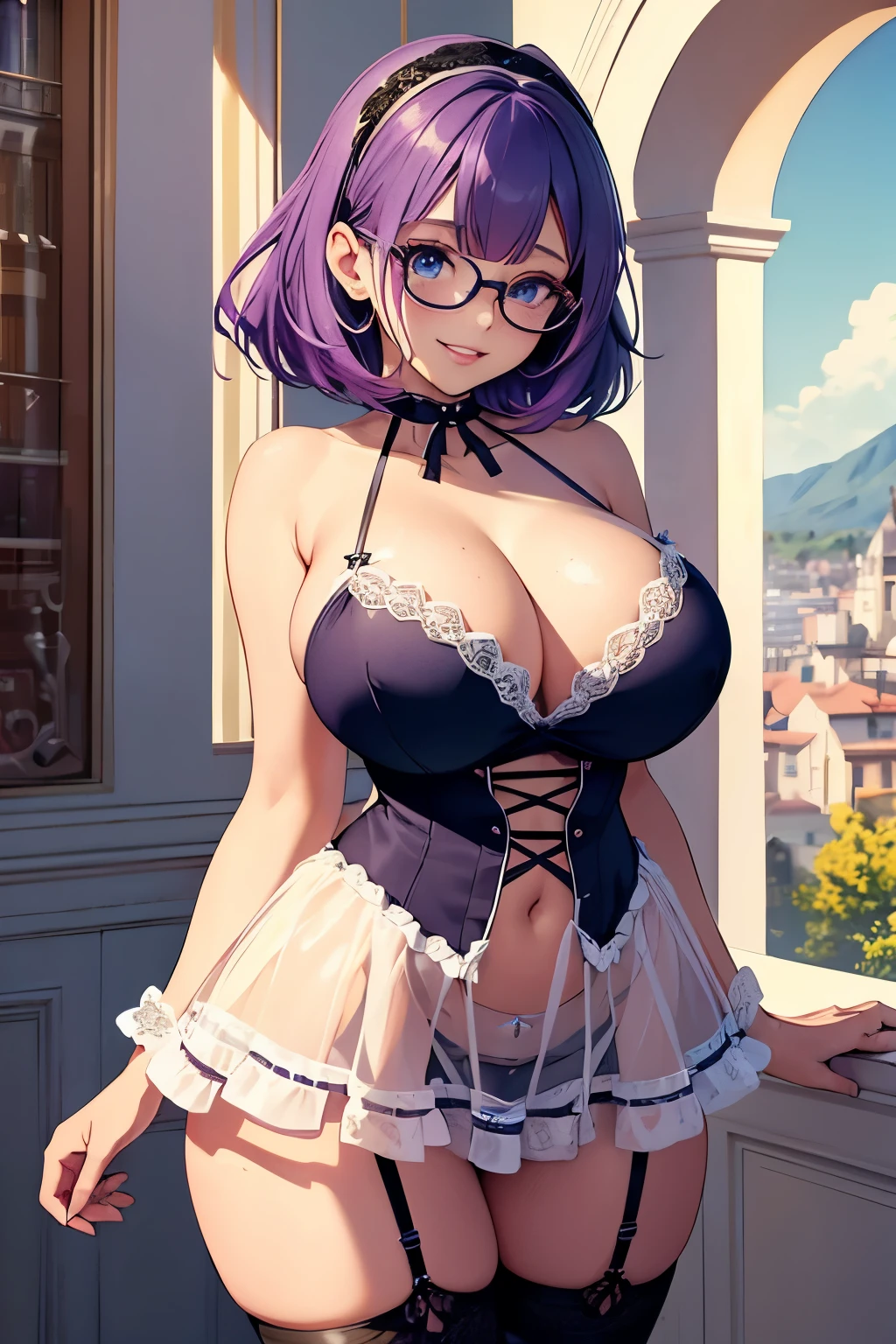 Beautiful young ager, 1girl, purple hair, blue eyes, extremely short hair, (freckles 1.2), framed eyeglasses, heart shaped choker, happy, smiling, blushing, thick lips, full lips, gigantic breasts, extreme cleavage, deep cleavage, very thin body, french maid, midriff, thigh stockings, high heels, perfect anatomy, castle interior background, detailed background, sunny day, ultra-detailed, 4k, 8k, best quality, masterpiece
