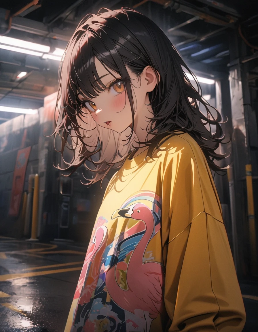 ((Masterpiece)), ((best quality)), ((wide shot)), (from side), (super detail:1.2), (High Definition:1.3), ((extremely detailed)), (8K), (Professional Photography:1.2), (very aesthetic:1.2), (absurdres:1.2), perfect anatomy, (intricate details), (sharp focus), (perfect light), (drop shadow), ((1girl)), ((cute teenage girl)), solo, messy medium hair, Beautiful black hair, sticking out tongue, (loose standing), (wearing yellow and black oversized jersey),  (jersey pants), pink flamingo, ((on the Dimly lit underground parking)), (cute cheeks), glossy lips, pouty lips, (lower eyelashes), (detailed background:1.2), psychedelic atmosphere, newest, clear line,