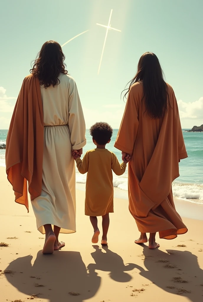 Jesus and the Virgin Mary holding hands with a brown child, of indigenous origin, with short curly hair. The child in the middle. The landscape is a beach. They are walking back to back on the beach, You can&#39;t see their faces because their backs are turned 