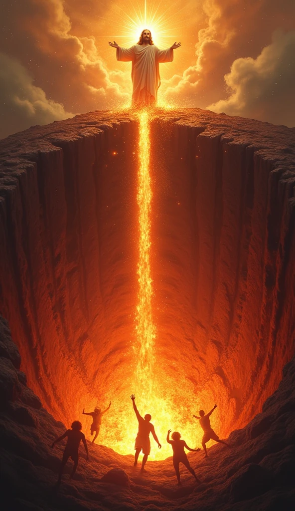 an open volcano hole with red fire flames coming out, people falling inside, INFERNAL CENARIUM, shining sky, with a divine glory , and the face of jesus. tamanho: 9:16