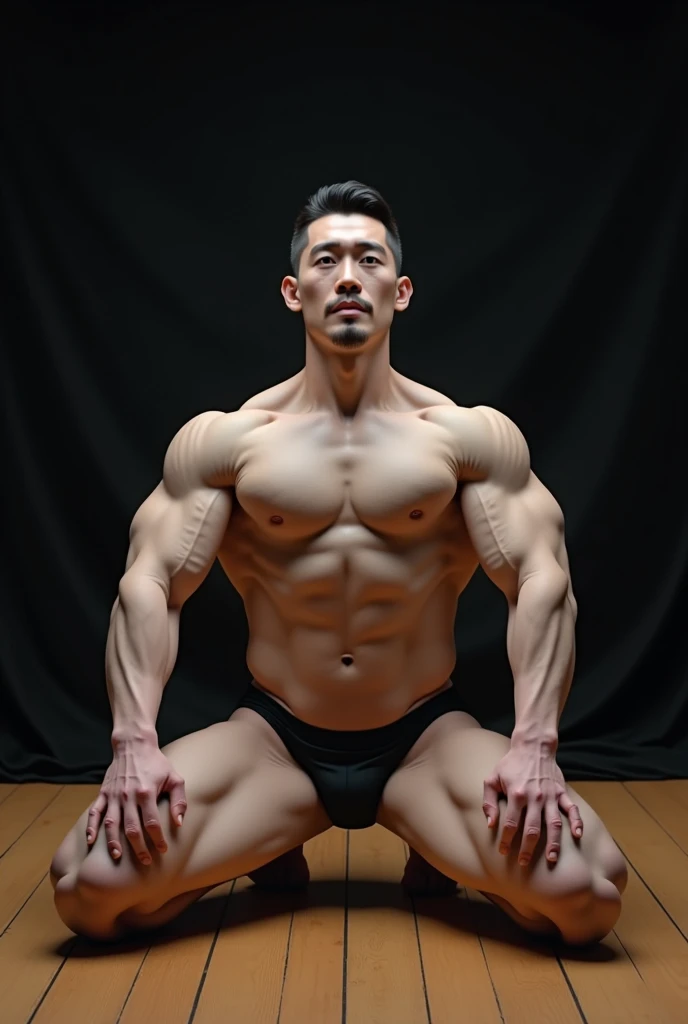 Afraid asain guy, white skin. Muscler, shirtless, beautiful body, wide shoulder, sitting on the floor, realistic, uper camera angle, pants, black cloth background, wooden floor, hyper detailed , detailed realistic body
Black eyes,hands supporting body. touching the floor . Chest is wide open, shoulder back . Angle between chest and legs is 120 degree.