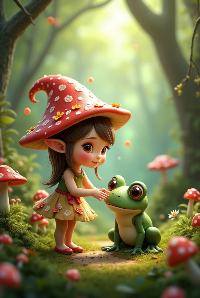 Cute mushroom elf girl interacting with a cute little frog