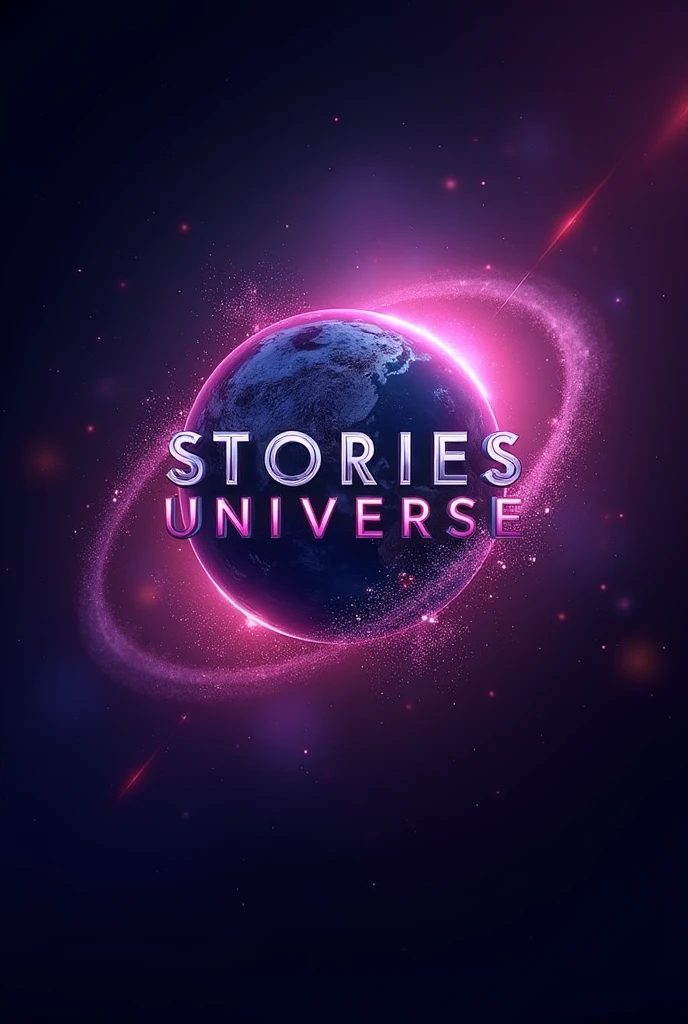 Create logo of Stories Universe, that has world and the stories universe is written on it , STORIES UNIVERSE written on galaxy and planet in slide way, make it simple in brown and purple neon color , in that picture add stories universe in capital letter as logo, make it more classy and vibrant , write stories universe in all capital letter