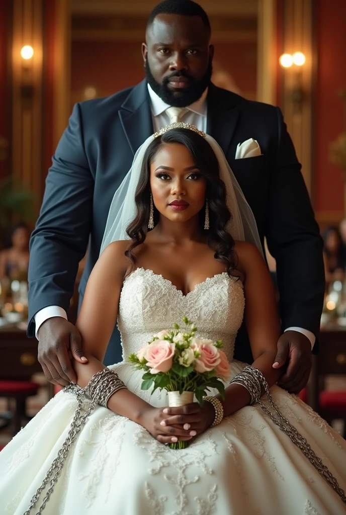 "A beautiful, curvaceous African woman in a wedding dress, seated with remarquable handcuffs associated with chains around her wrists, holding a bouquet of flowers. She appears confident and stunning, with a healthy and collarbones not visible. Behind her stands a tall, imposing African man in a suit, exuding a mysterious aura. The background is elegant, with warm lighting that highlights the luxury and drama of the scene."