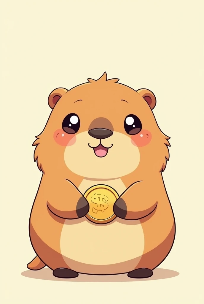 Kawaii anime capybara facing front holding a coin without a tail without a face