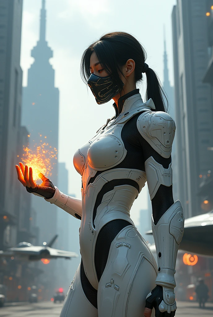 Create a Japanese woman with tied hair, in futuristic armor wearing a black metal mask, white exoskeleton with white details without a helmet with a fireball in his hand standing on the streets of a futuristic city with large buildings near a gray futuristic combat aircraft.