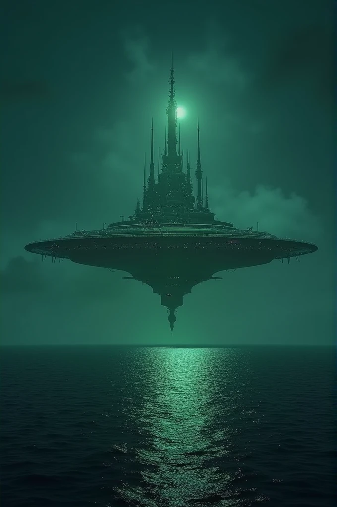((best quality)), ((masterpiece)), (detailed), In the vast Indian Ocean, an alien base suddenly appears, floating silently above the water. The futuristic structure, with metallic spires and a dim green glow, is illuminated against the night sky