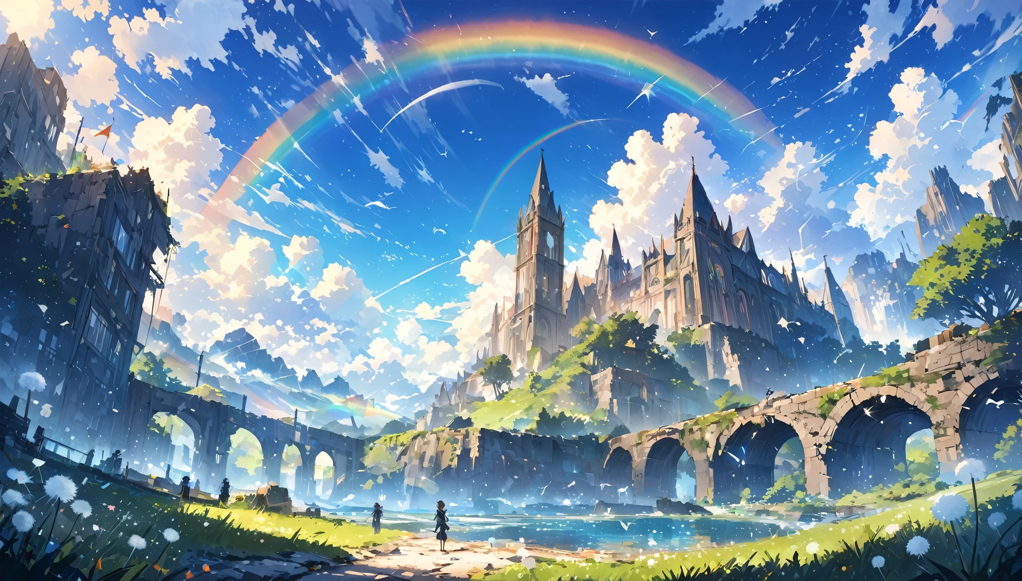 ((Amazingly absurd)),(masterpiece:1.2),超High resolution, Attention to detail, high quality, High resolution, 最high quality, 4K, 8k、very beautiful、landscape、landscape画、Endless blue sky、A rainbow appears、There is a group of ruins、Dandelion fluff flies up,rainbow