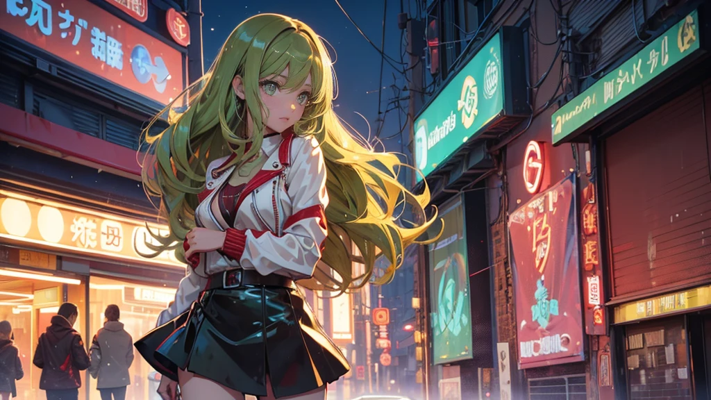 2d anime style, a beautiful woman with long curly brown hair and green eyes wearing a red miniskirt, white top and leather jacket is in front of a dance club that shines in neon on its facade the name "Technoir", night of a city in the 80s, lighting of streetlights and neon, high definition, high resolution, intricate details,