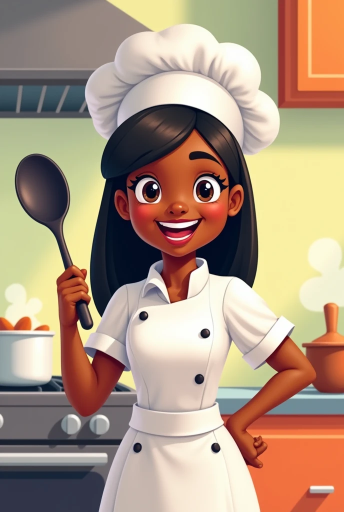 Black cook with straight hair holding spoon in hand in cartoon shape