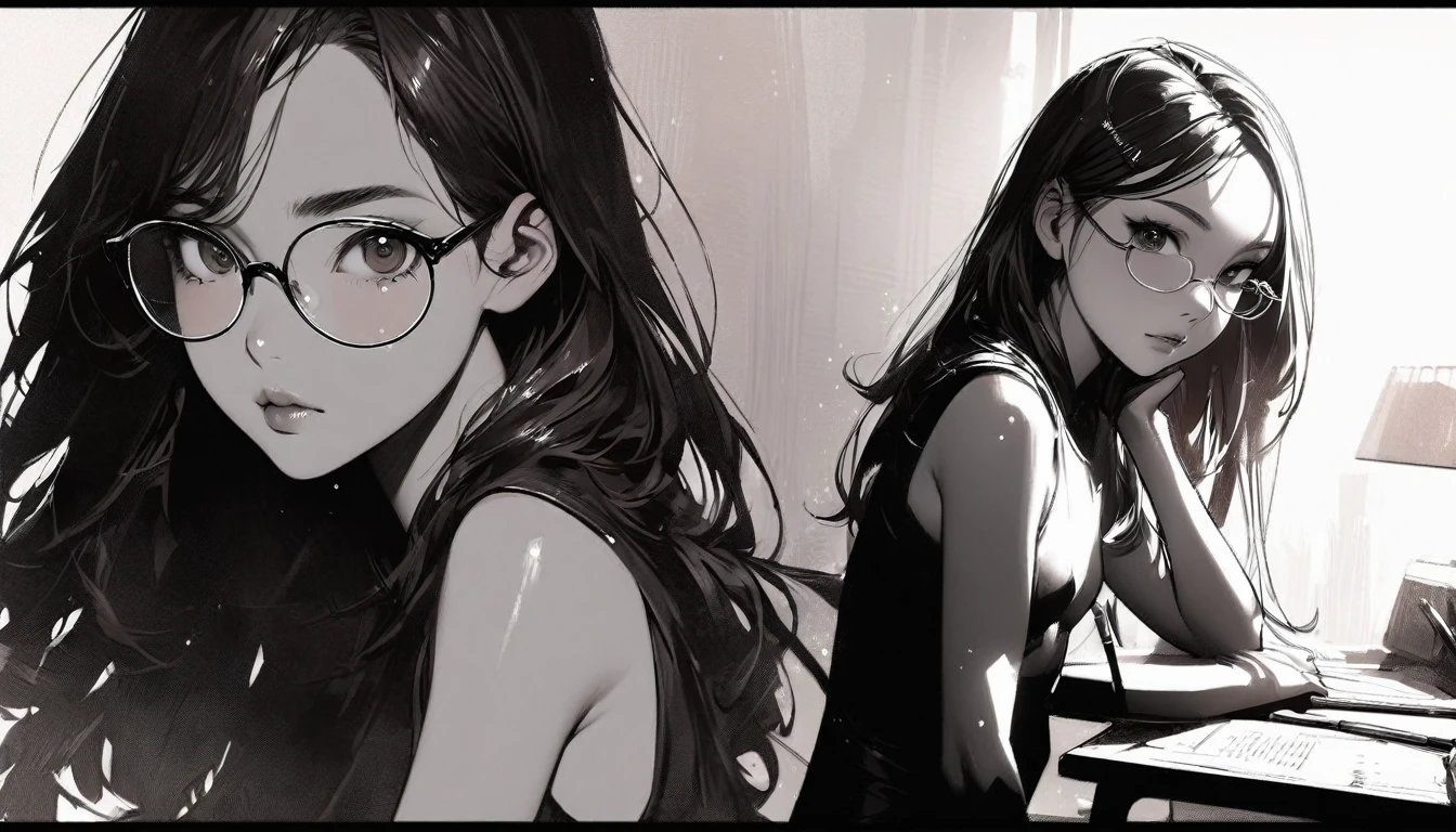 (highest quality:1.2, Very detailed, up to date, Vibrant, Ultra-high resolution, High Contrast, masterpiece:1.2, highest quality, Best aesthetics), Portraiture、girl, 20-years-old, Bright colors、Beautiful fine details、Beautiful lip detail, long hair、brown eyes, ((slim body:1.4)), (small breast:0.7), (dark skin:0.5), glasses, school uniform, studyind, sitting at the study desk, notebook and pencil, her room, embarrassed:1, lineart, clean line drawings, look at viewer, sepia color