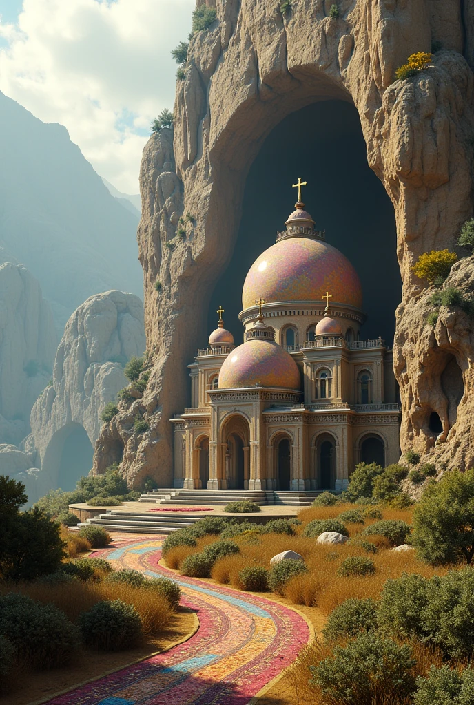 there is a large Ethiopian Orthodox Church building with hemispherical Dom that is built into the side of a mountain, intricate matte painting, matte painting of human mind, digital matte painting, ancient yet futuristic, elaborate matte painting, hyperdetailed 3d matte painting, hyperdetailed 3 d matte painting, extravagant matte painting, epic matte painting, epic cinematic matte painting, matte painting concept art, giant tomb structures, a Large number of prayer,tall vegetation, smoke , green yellow and red fabric hanging