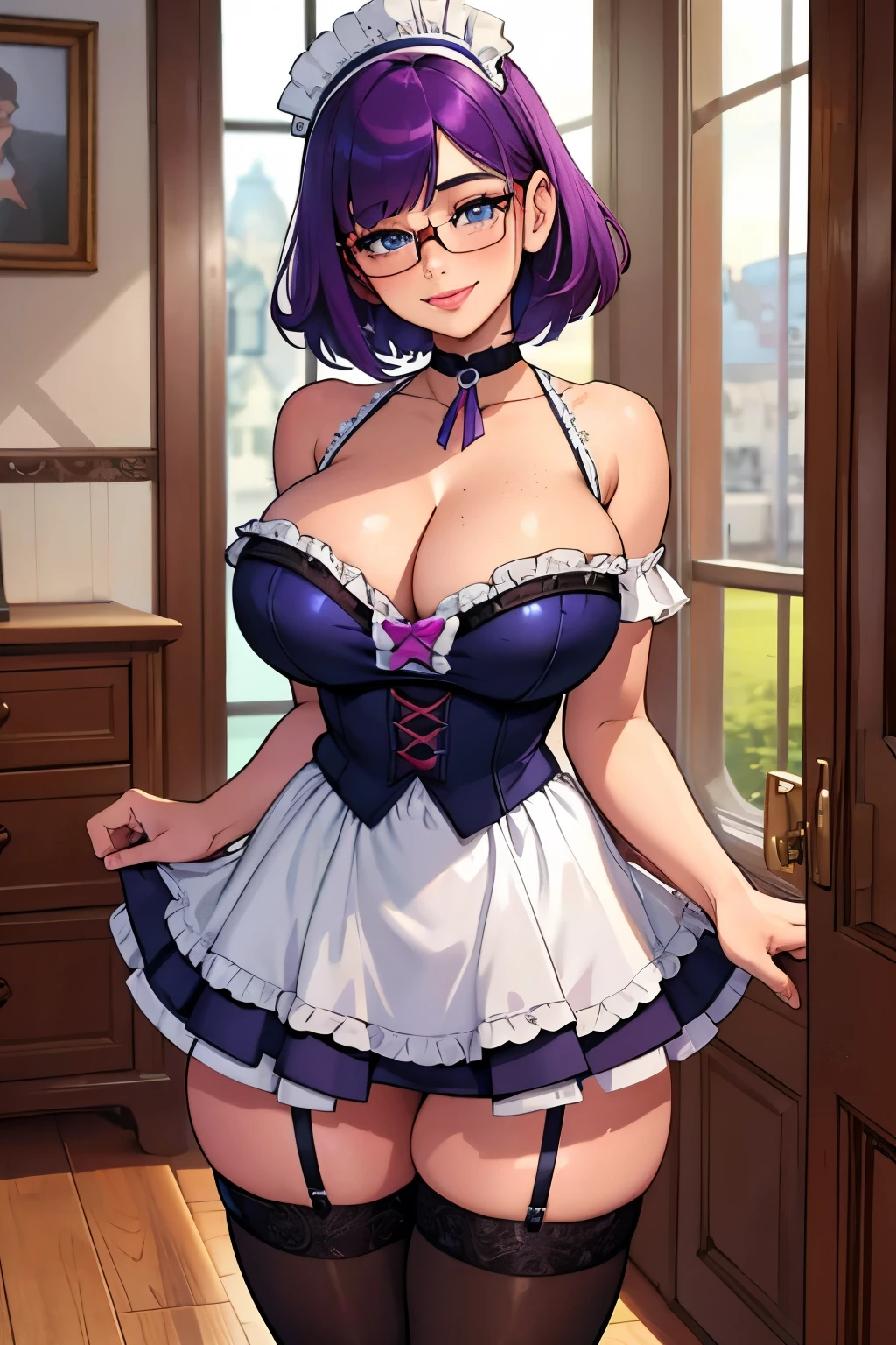 Beautiful young teenager, 1girl, purple hair, blue eyes, extremely short hair, (freckles 1.2), framed eyeglasses, heart shaped choker, happy, smiling, blushing, thick lips, full lips, gigantic breasts, extreme cleavage, deep cleavage, very thin body, french maid, midriff, thigh stockings, high heels, perfect anatomy, castle interior background, detailed background, ultra-detailed, 4k, 8k, best quality, masterpiece