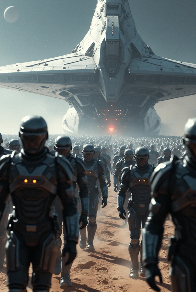 bright space soldier exiting a ship by the thousands to go to the galactic battlefield