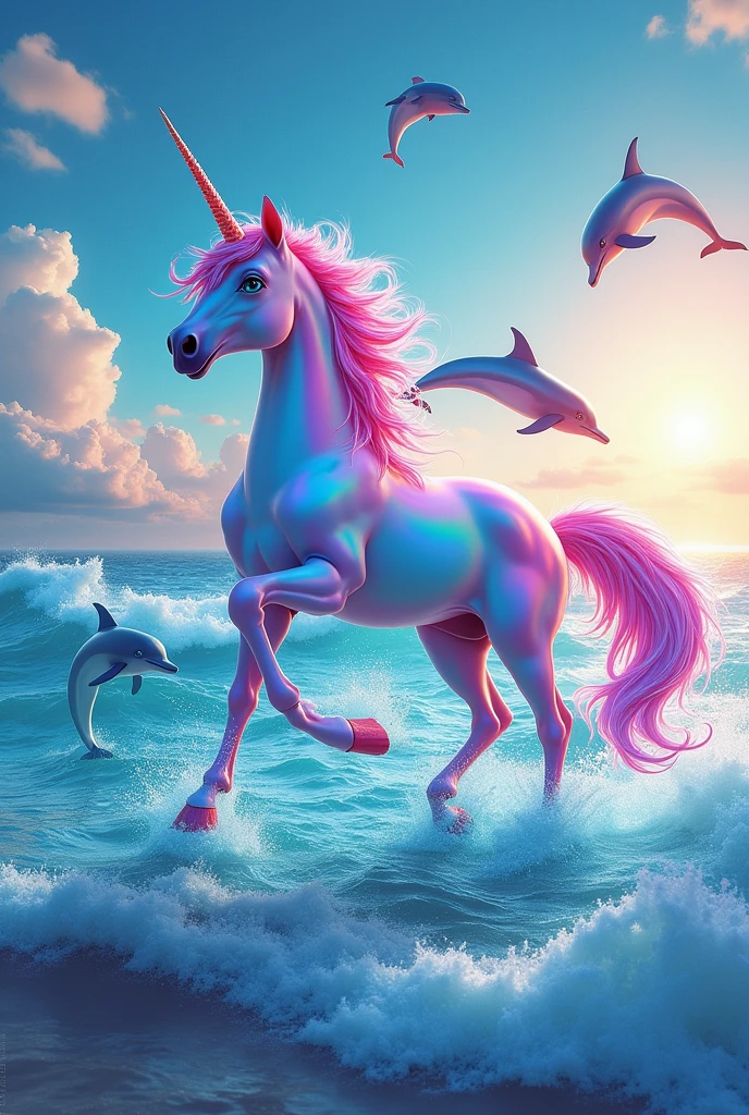 Colorful unicorn with dolphins 
