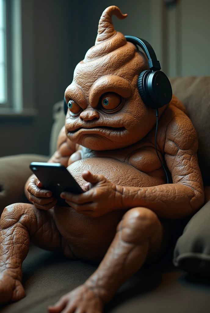 An Ugly and Realistic Living Poop Gamer Playing a Game on Phone with Headset