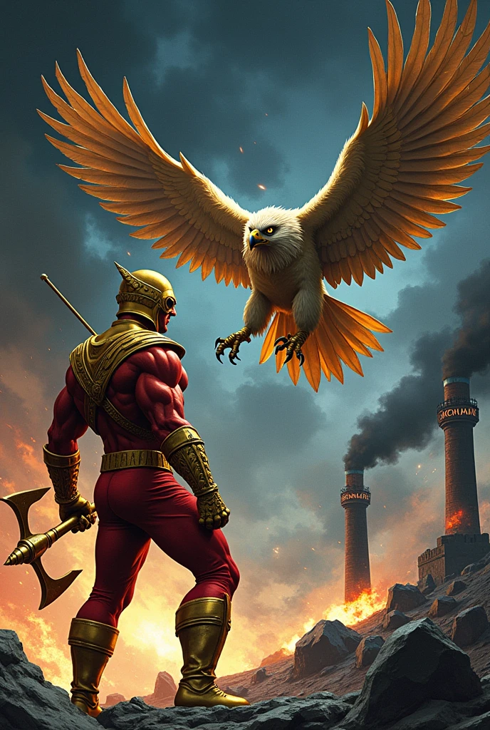 I want an illustration of Hawkman the falcon man Aldis Hodge with his helmet with small wings, golden torso, on his back he has his golden falcon wings and his golden boots and red pants and his mace with a spiked ball also golden flying through the sky to confront facing a parallel soldier of Darkseid with a dark green suit and cap with round goggles and lilac skin on his face and lilac hands and fangs, with a laser beam in his hand and on his back he has six cicada wings that fly by the sky where there are black clouds and black chimneys that throw fire