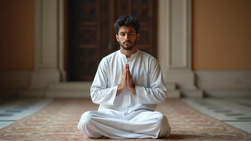 Le jeune homme imam du Moyen-Orient, vêtu d'un vêtement de prière traditionnel blanc, est maintenant en position d'inclinaison « Ruku », les mains fermement posées sur ses genoux, le dos droit, la tête baissée, les yeux fixés sur le sol