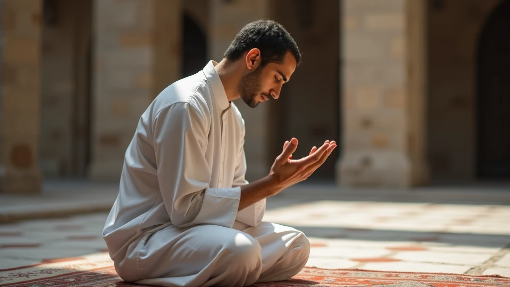 Le jeune homme imam du Moyen-Orient, vêtu d'un vêtement de prière traditionnel blanc, est maintenant en position d'inclinaison « Ruku », les mains fermement posées sur ses genoux, le dos droit, la tête baissée, les yeux fixés sur le sol
