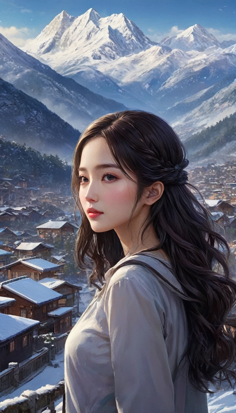 ((masterpiece)),Highest quality, shape, dark, One Girl, In the wilderness,A tall mountain,Snow-capped mountains visible in the distance々々, city, Beautiful attention to detail, Beautiful detailed hair,