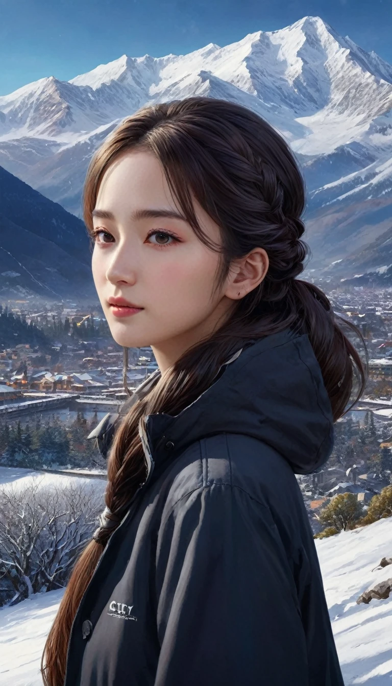 ((masterpiece)),Highest quality, shape, dark, One Girl, In the wilderness,A tall mountain,Snow-capped mountains visible in the distance々々, city, Beautiful attention to detail, Beautiful detailed hair,