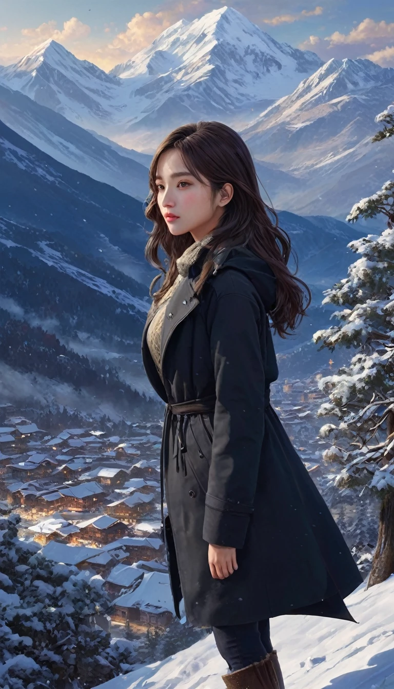 ((masterpiece)),Highest quality, shape, dark, One Girl, In the wilderness,A tall mountain,Snow-capped mountains visible in the distance々々, city, Beautiful attention to detail, Beautiful detailed hair,