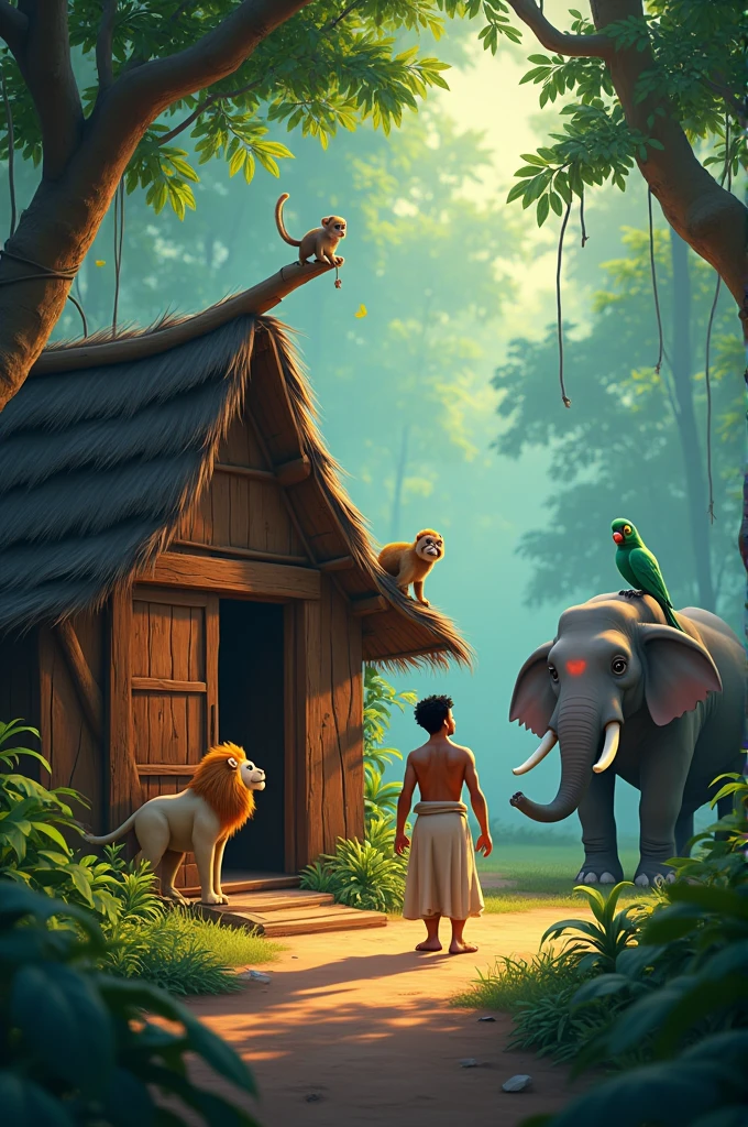 A small wooden hut nestled in a dense, green jungle. A kind-looking man named Hamza, with short black hair and wearing simple, traditional clothing, is standing outside his hut. Surrounding him are his animals: a majestic lion named Sheru with a thick golden mane, a clever monkey named Chinku sitting on a tree branch above, a playful elephant named Raju with a friendly smile, and a wise old parrot named Mithu with green feathers perched on Hamza's shoulder. The jungle is lush, with tall trees and vibrant plants, and a soft morning light shines through the leaves.
Morning Routine with Animals:photo realastic vivid,neon,dramatic.cinamtic lighting, renderless