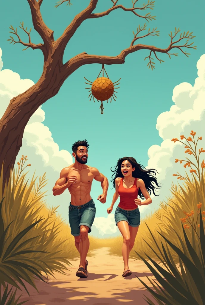 The scene shows a couple in an area of typical caatinga vegetation. The man, Cao Cao, Scrawny, with stubble and about 40 years old, is next to a 3 woman, full body, Long dark hair. They are in front of a twisted and dry tree, where a wasp nest hangs from one of the branches. The man acaba de lançar uma pedra no ninho, and the wasps begin to stir. The couple, starts running in the opposite direction, laughing like naughty children.
