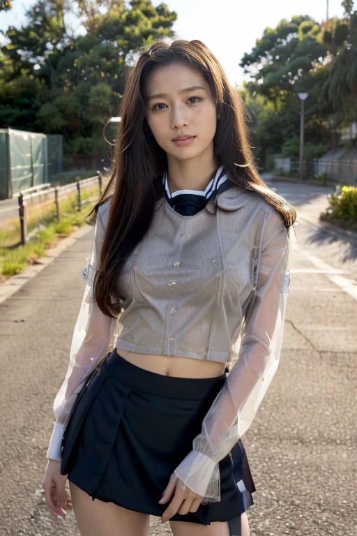 1 female, Long hair, RAW photos, Bokeh (realism: 1.38, Practical), High-detail CG unified 8K wallpaper, 1 Girl, Perfect body,((Beautiful face: 1)), (Large Breasts: 1), Return to Viewer, ((Frontal view)), (High quality skin: 1.38), 8K Ultra HD, Digital SLR Camera, Soft Light, high quality, Film Grain, Fuji XT3, ((Uniforms, Short skirt,See-through open skirt:1.5)), ((outdoor, in school))) Long beads, portrait,((层次Long hair, Black Hire,Small Breasts:1.2)),(Looking at the audience:1.4),(whole body:1.8)
