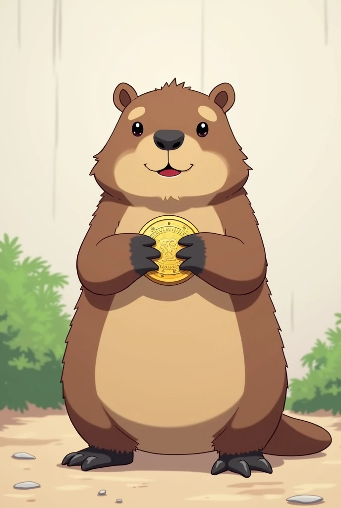 Capybara anime facing front holding a coin without a tail without a face