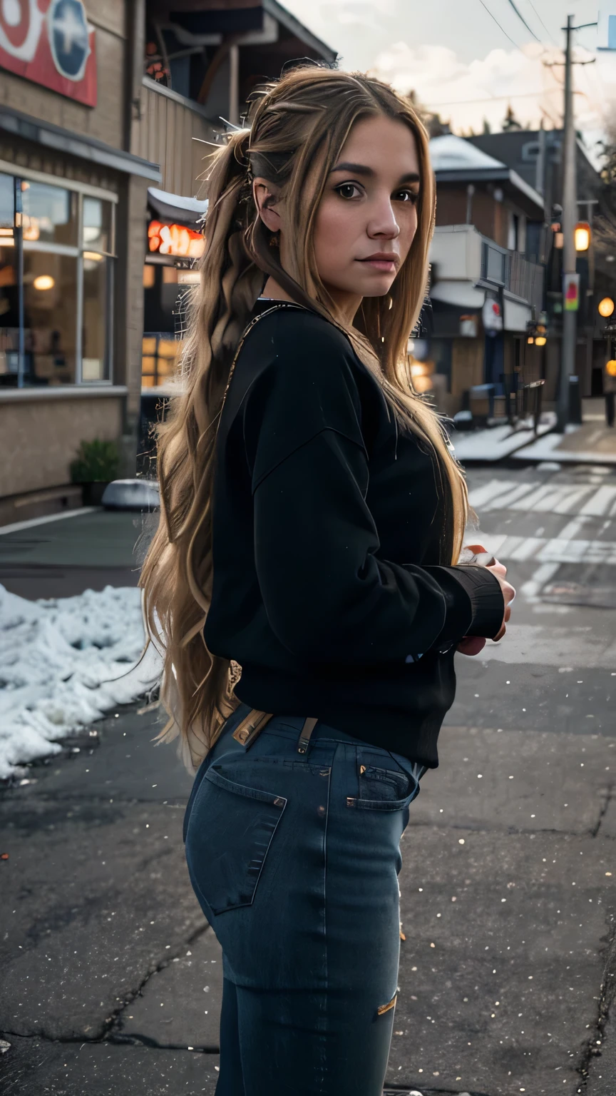 a 40-year-old woman with long wavy blonde hair with black roots in a ponytail, wearing jeans and a sports sweater, standing outside a neighborhood grocery store, dirty appearance, hyperrealistic, 8k, high quality, masterpiece, realistic, photorealistic, physically-based rendering, extremely detailed, vivid colors, natural lighting, urban setting, realistic textures, moody atmosphere