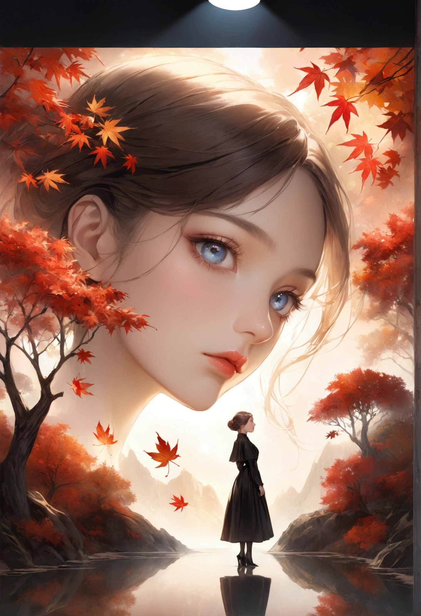 Maple tree landscape, dark canvas, Falling leaves, Transparent holographic reflection, A surreal landscape made of maple leaves, Leaves viewers speechless, A beautiful world, 1 woman, detailed eyes, detailed lips, very detailed face, long eyelashes, Beautiful and detailed portraits, elegant, tranquil expression, autumn, high quality, 8k, realistic, surrealist, studio lighting, Physically Based Rendering, vivid colors, movie lights, dramatic lighting, soft lighting, dramatic contrast, clear, ethereal, dreamlike, mysterious, magical, fancy, concept art