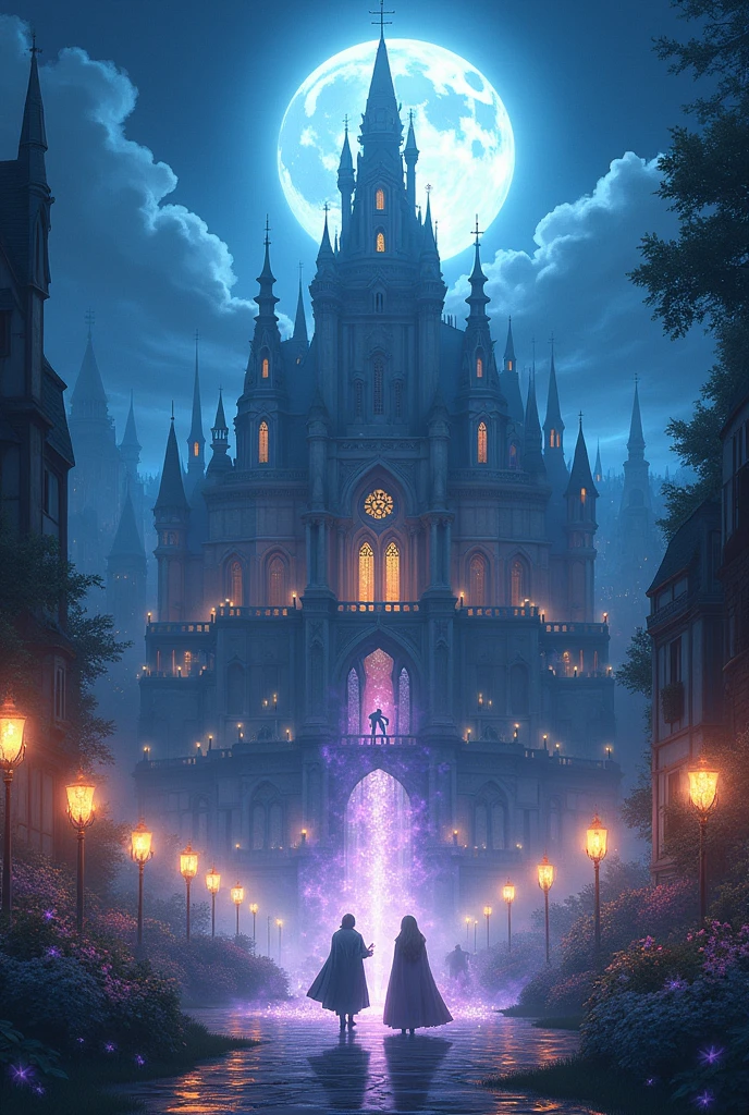 A giant medieval-style palace under the moonlight, surrounded by beautiful and shiny magic, looks stunning in the middle of the royal capital Anime, anime style,