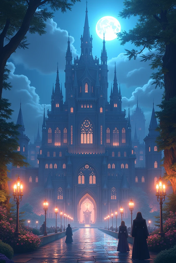 A giant medieval-style palace under the moonlight, surrounded by beautiful and shiny magic, looks stunning in the middle of the royal capital Anime, anime style,