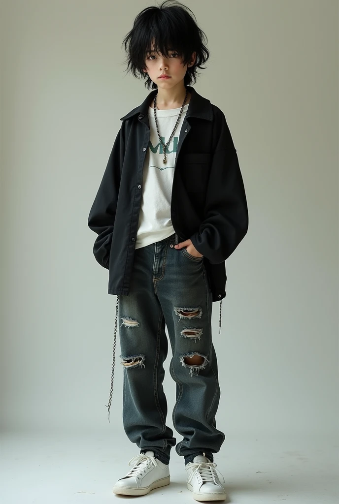 Give me a 1 light skinned boy,high,delgado,with jet black hair,falls in locks over his forehead,dark gray eyes,Her clothes are aesthetic style,He wears an oversized shirt in dark tones,with minimalist prints,distressed jeans,subtle chains as accessories and white sneakers,Her hair is styled in a relaxed manner,with a natural look,height 1.88
