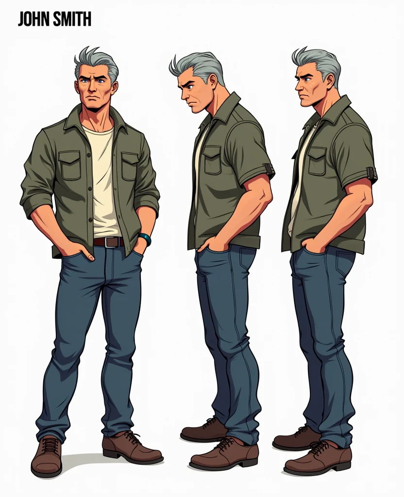 Character sheet image of an adult male named John Smith. He has fair skin with a few freckles, short gray hair slicked back with hints of brown, and intense blue eyes with a watchful expression. His build is stocky and muscular. The style should blend 1980s comic book art with 1980s anime, showing him in a firm, resolute pose Ângulos diferentes, no estilo da Joaninha Milagrosa, ficha de personagem, fundo branco --ar 3:2, poses de personagem