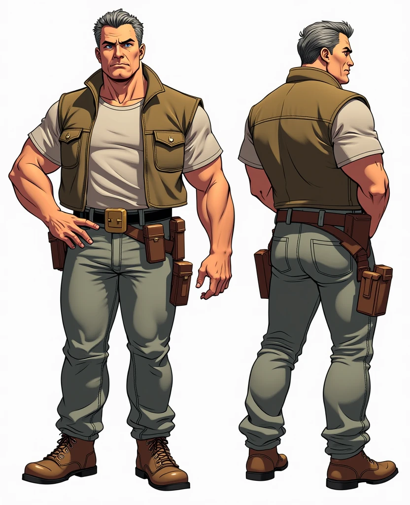 Character sheet image of an adult male named John Smith. He has fair skin with a few freckles, short gray hair slicked back with hints of brown, and intense blue eyes with a watchful expression. His build is stocky and muscular. The style should blend 1980s comic book art with 1980s anime, showing him in a firm, resolute pose Ângulos diferentes, no estilo da Joaninha Milagrosa, ficha de personagem, fundo branco --ar 3:2, poses de personagem